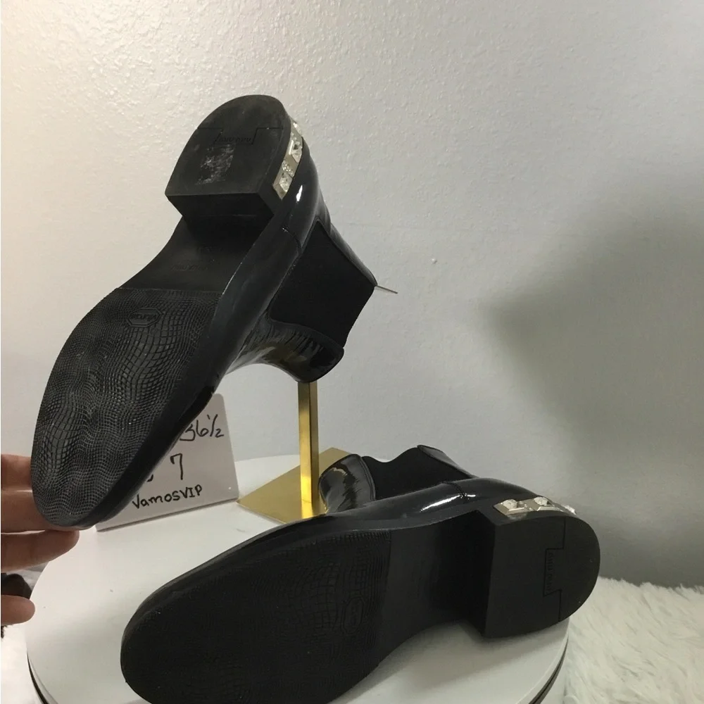 Miu Miu Patent Leather Black Ankle Boots with Crystal Heel Accent